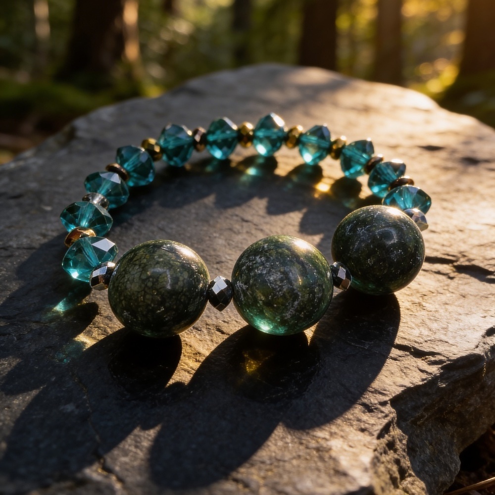 Teal Crystal & Dark Stone Beaded Stretch Bracelet – Elegant Statement Jewelry